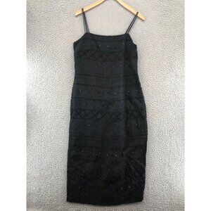 LOFT Dress Women 6 Black Silk Sheath Midi Bead Spaghetti Strap Cocktail Formal*